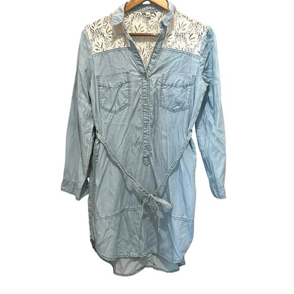 ANTHROPOLOGIE Mini Dress Blue Chambray Crochet Lace Sz SP Western Boho Festival - Picture 2 of 6